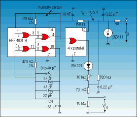 Figure 3. Measuring circuit with linearisation. In the circuit, R8 is chosen so that R<sub>8</sub> eqv to (V<sub>B</sub> - V<sub>ST</sub>)/(2 mA) Ohm
